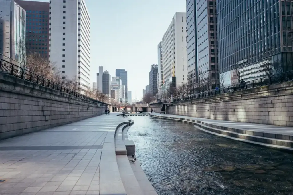 Urban waterway between tall buildings