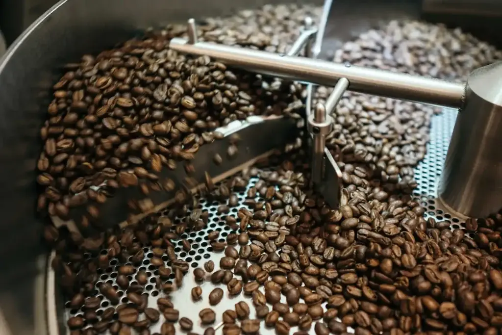 Roasted coffee beans inside a circular cooling tray