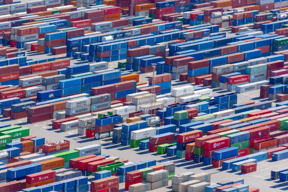 Rows of shipping containers seen from above