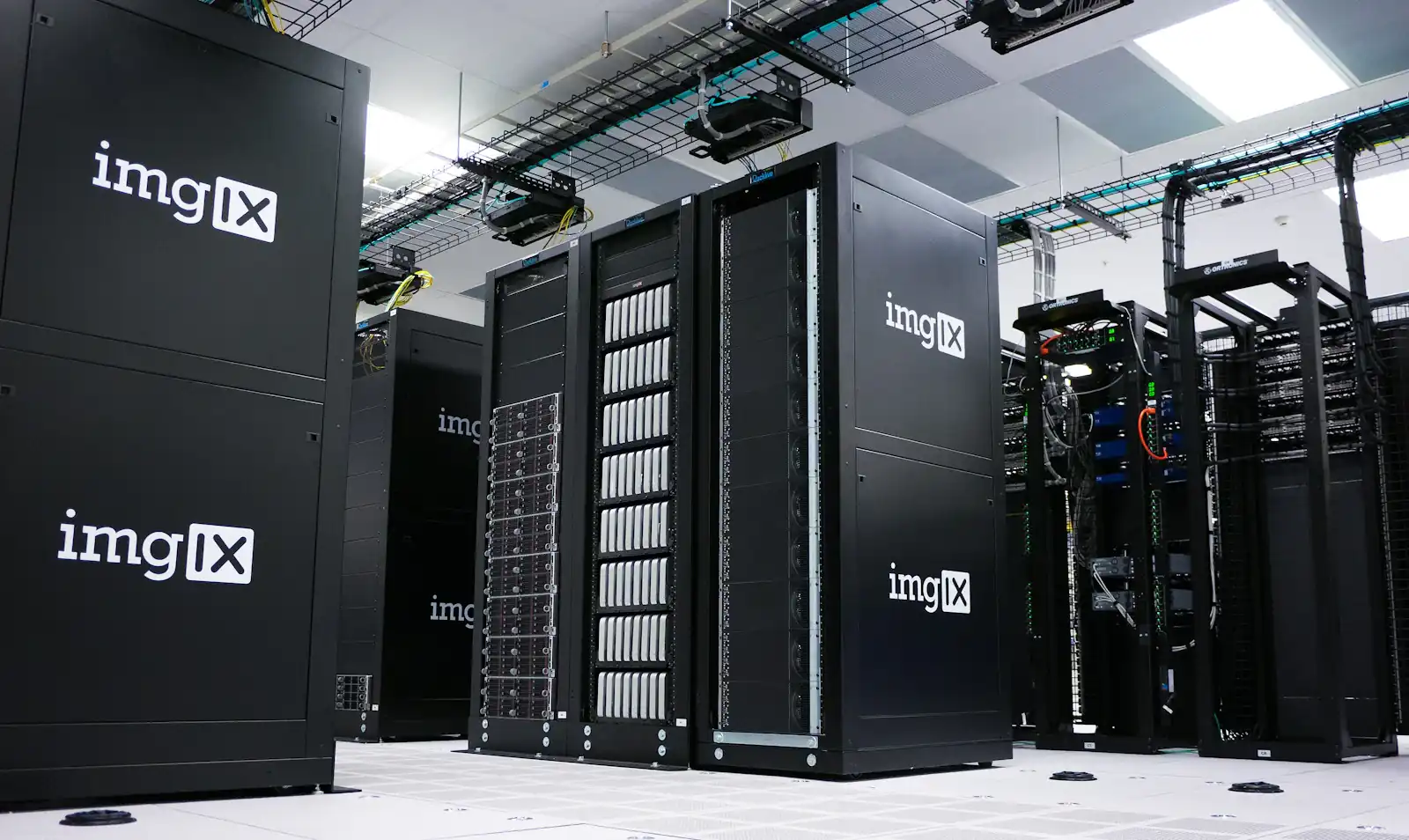 Rows of server cabinets inside a data centre