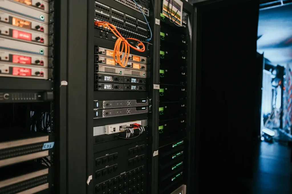 Cables and equipment inside a server rack