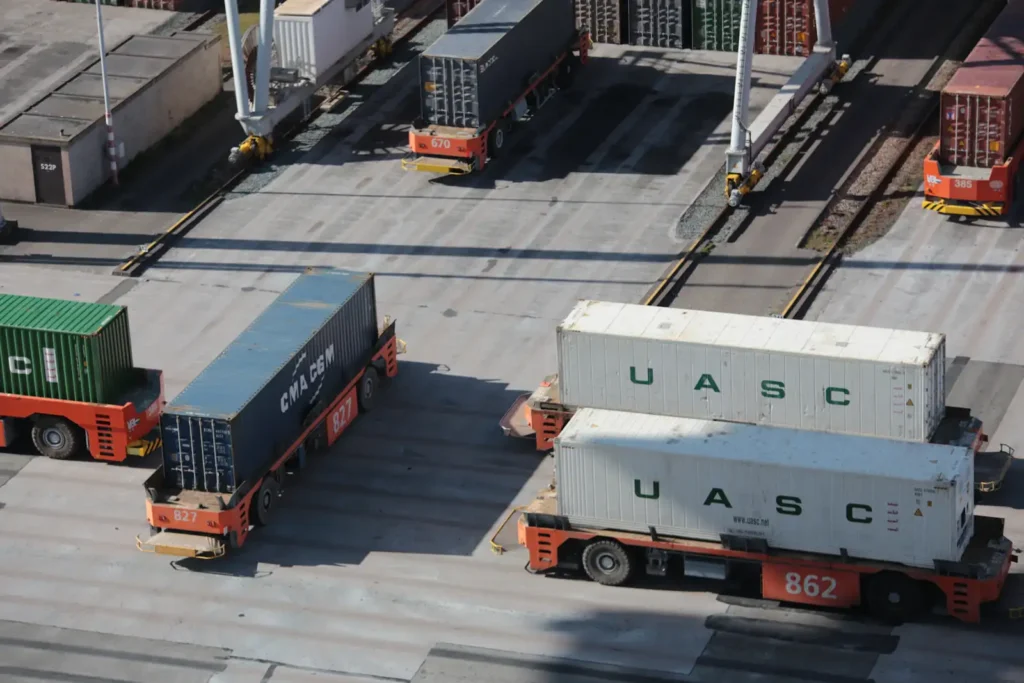 Containers and vehicles at a freight terminal