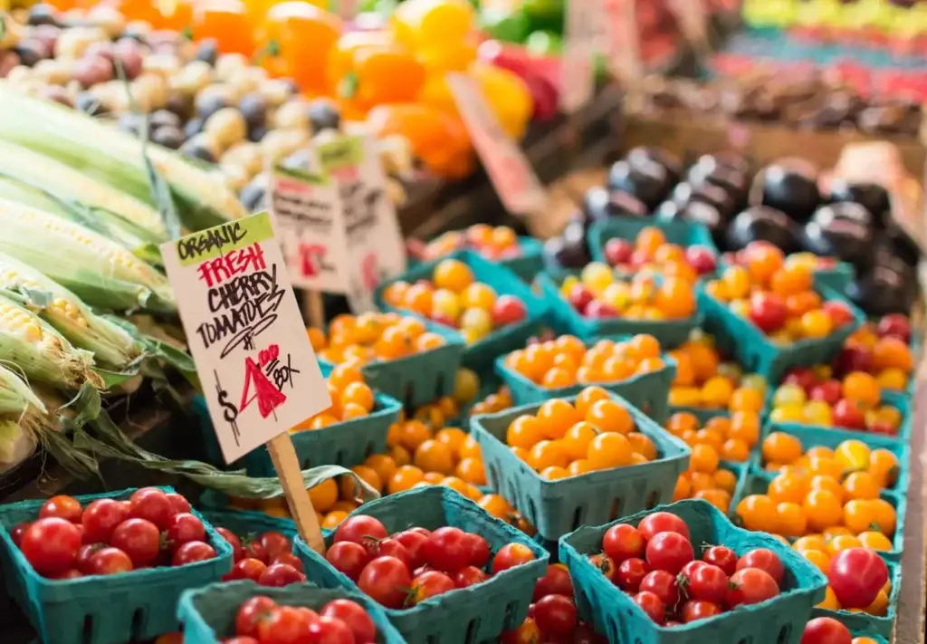 Rows of colourful produce at a market