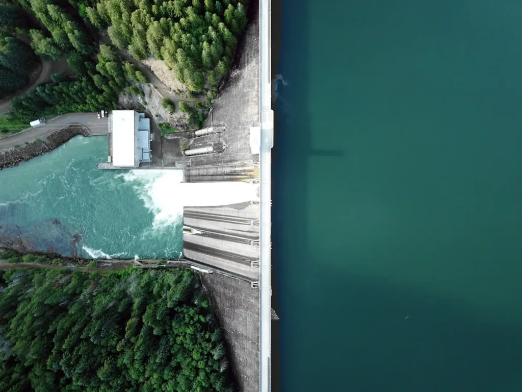 Water passing through a dam structure
