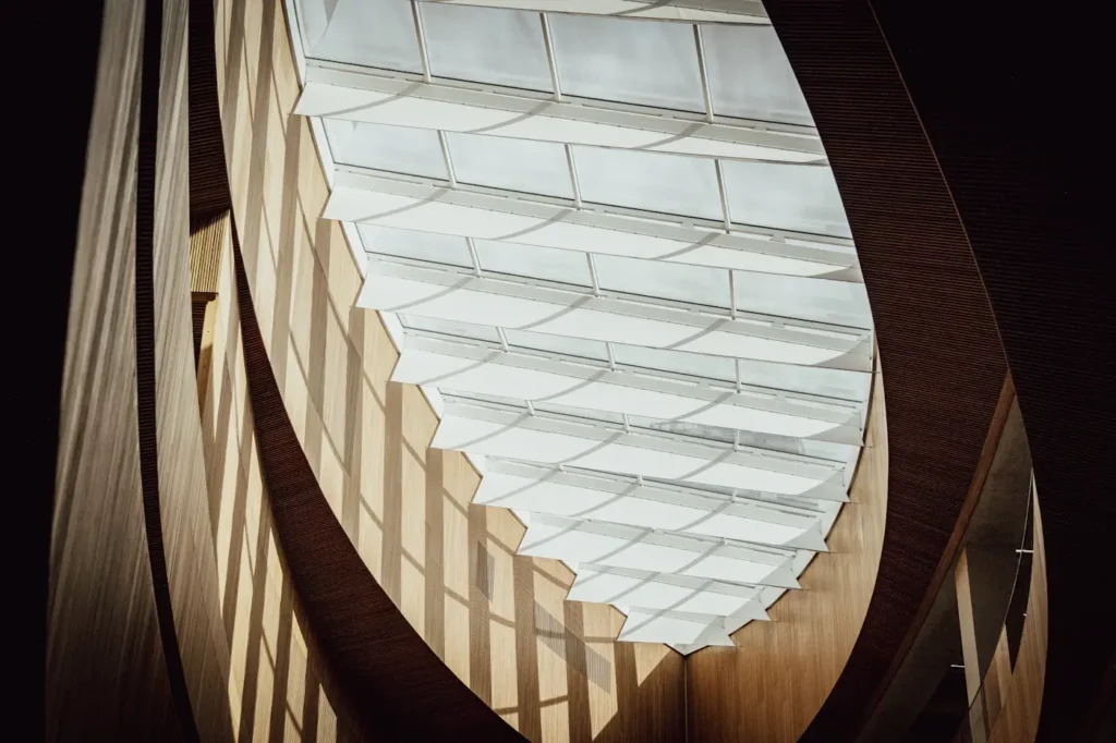 Wood-lined interior of a contemporary public library