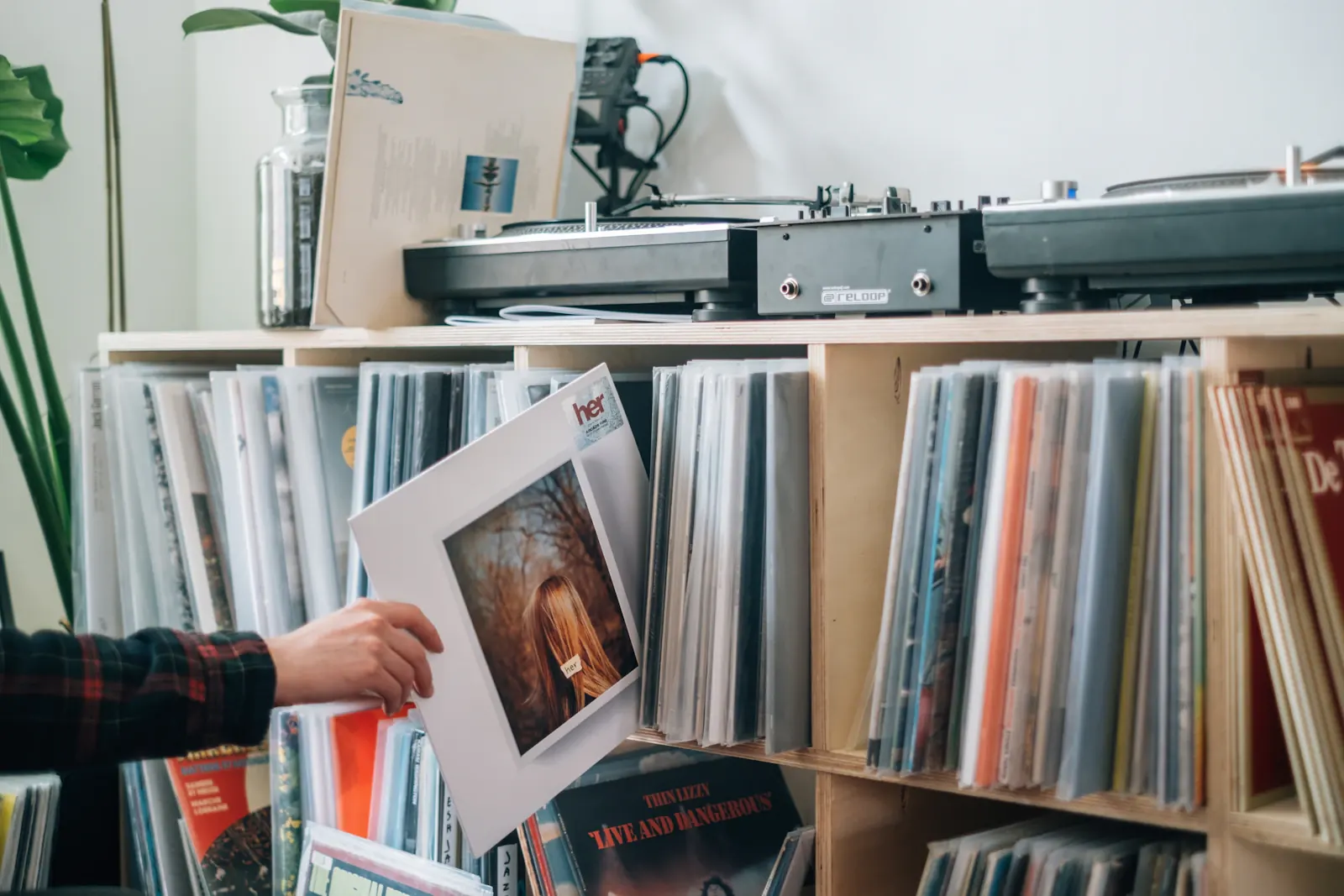 Records and a turntable in a listening space