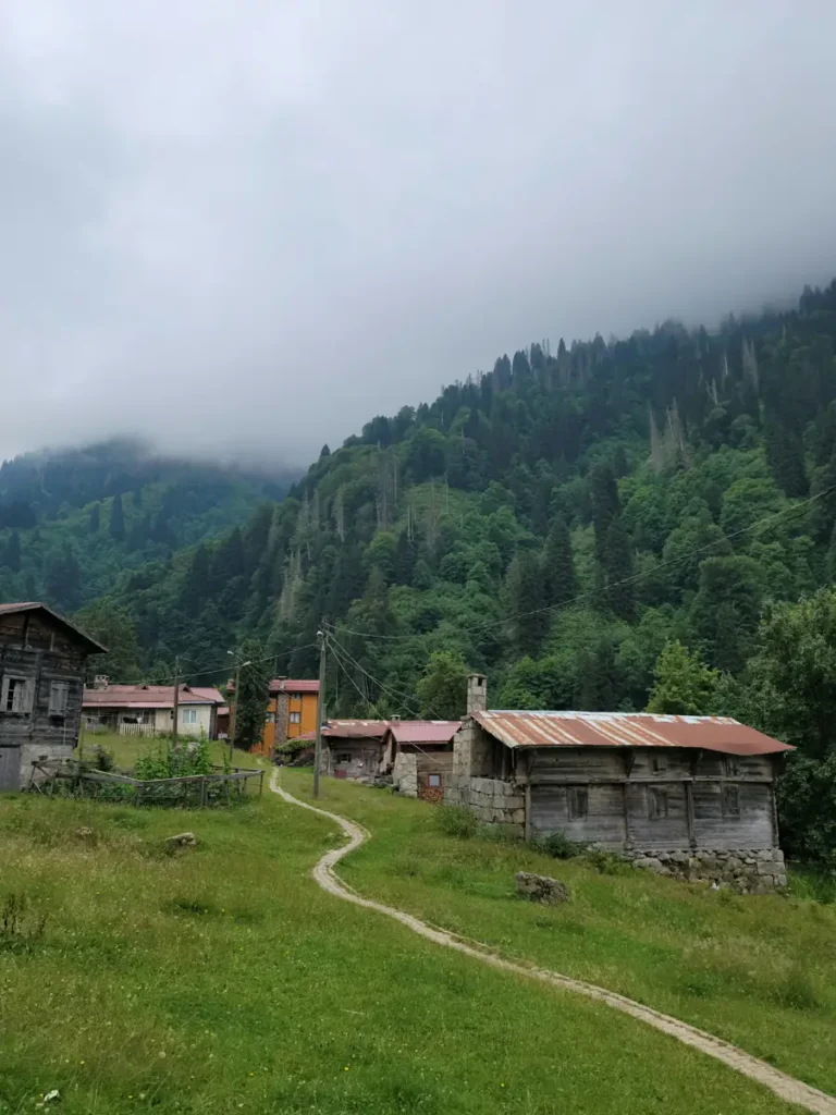 Wooden buildings and green hills in a mountain landscape