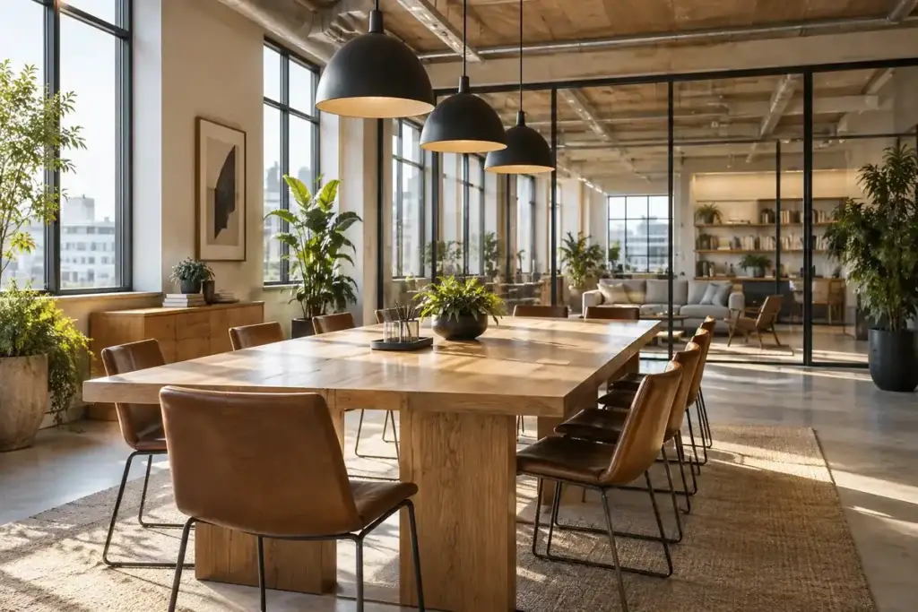 Daylit shared workspace with a wooden meeting table and plants