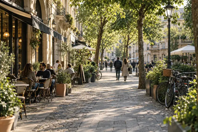 Tree-lined pedestrian street with outdoor cafe tables and bicycles