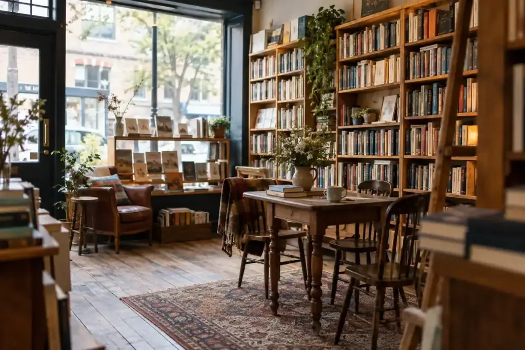 Book-lined independent shop with a small reading table