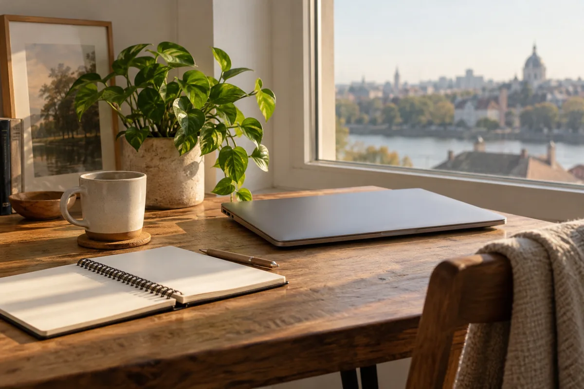 Laptop, notebook and ceramic cup on a sunlit desk