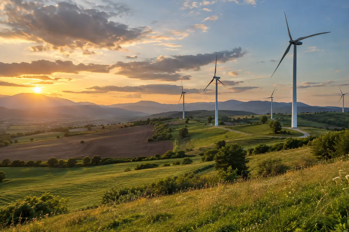 Wind turbines across rolling green hills beside cultivated fields