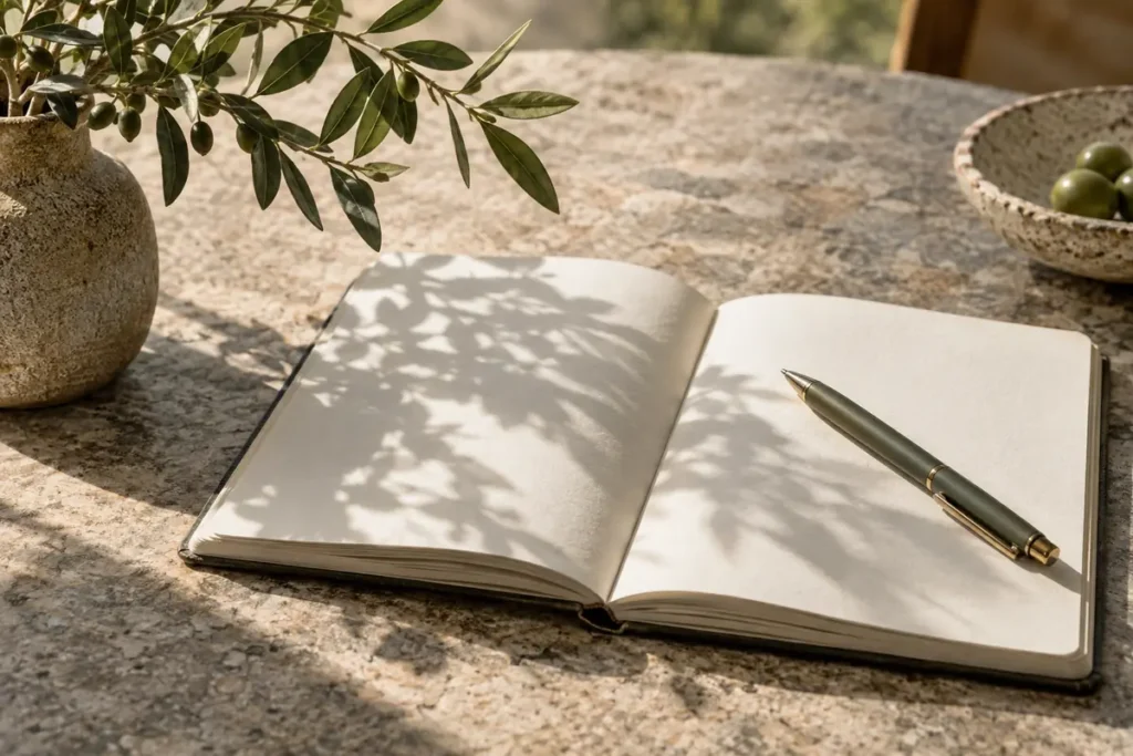 Open notebook and pen beneath a soft leaf shadow