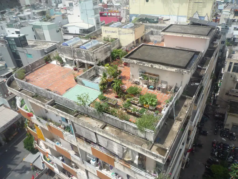 Planted terraces and gardens on a city rooftop