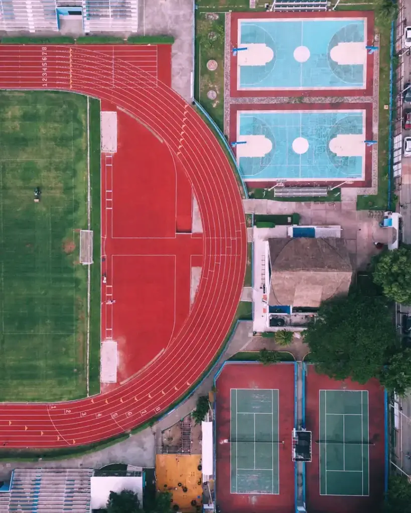 Aerial view of an athletics track and grass field
