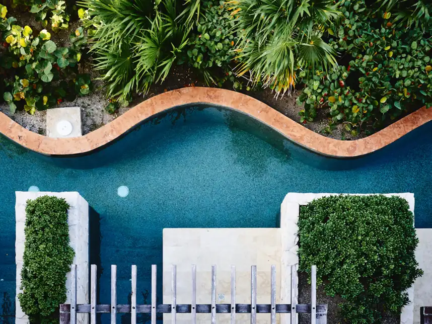 Hotel courtyard and pool seen from above