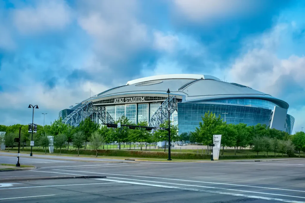 Large contemporary stadium seen from outside
