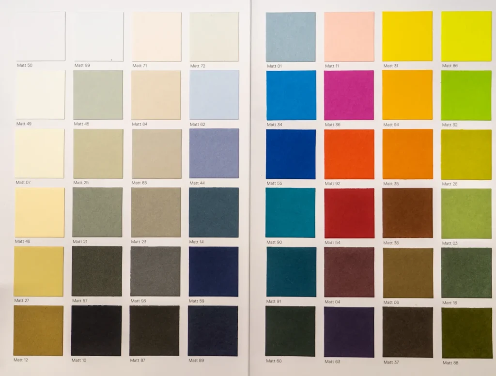 Colour swatches organised in a material reference chart