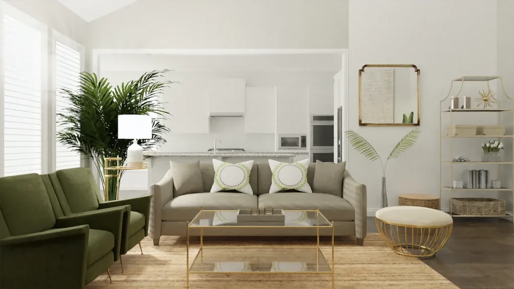 Light-coloured sofa and simple interior furnishings