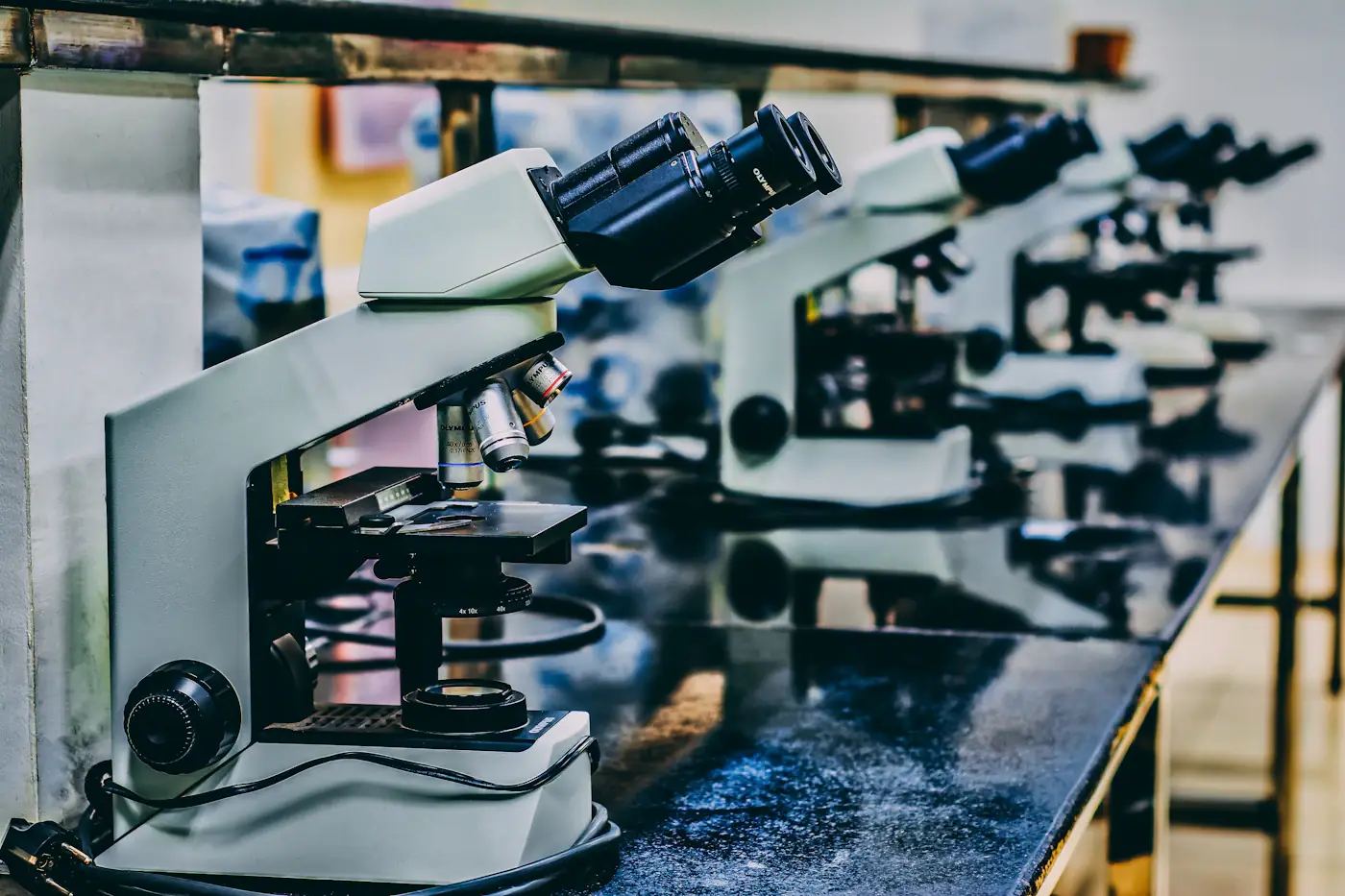 Microscopes arranged on laboratory benches