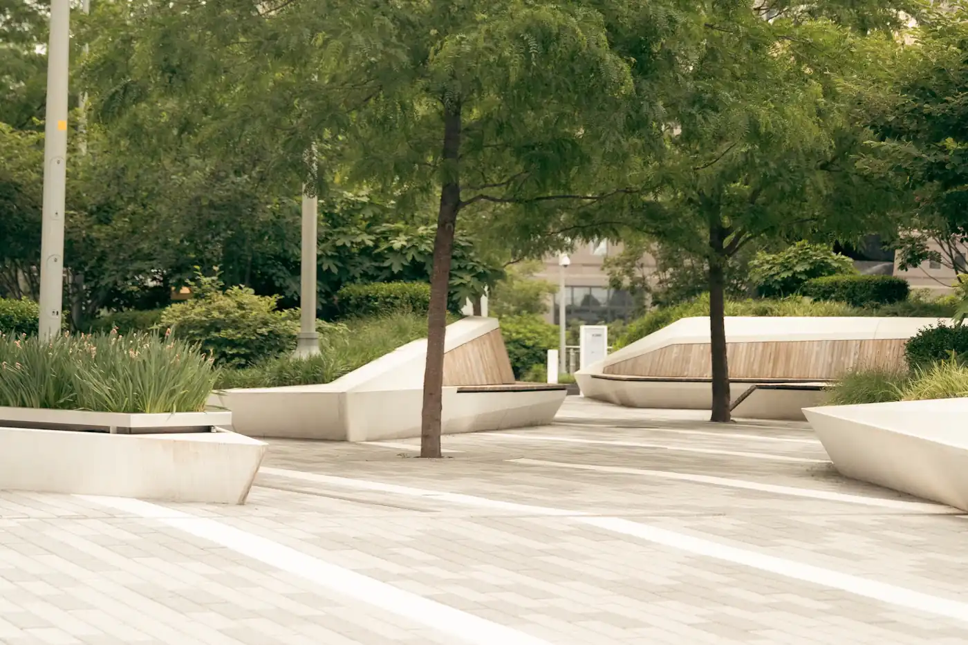 Seating and planting in a landscaped urban park