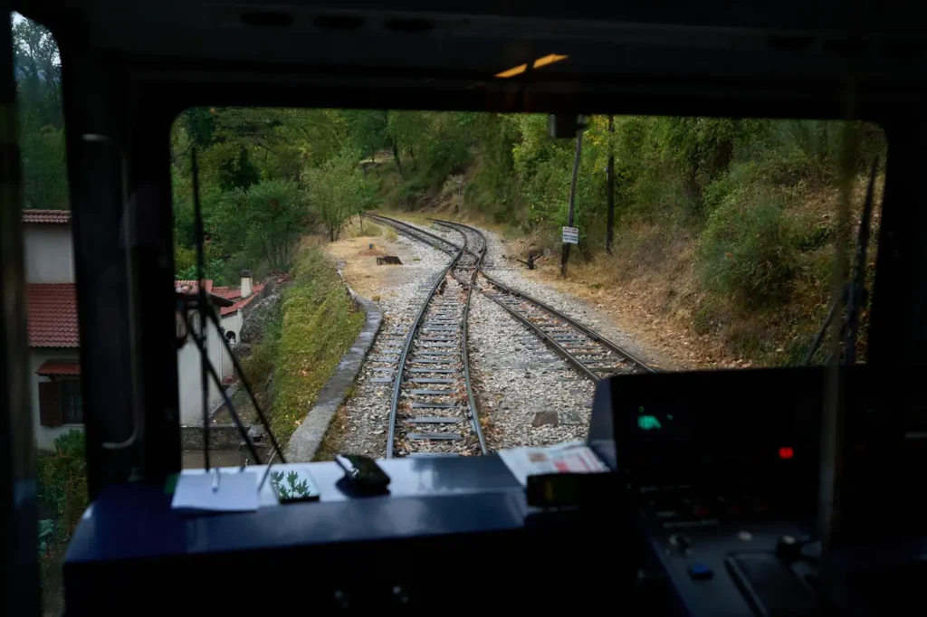 Railway seen through the front window of a train