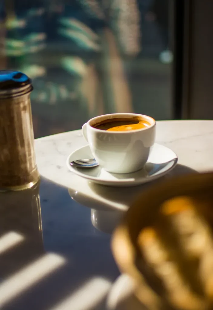 Coffee cup and saucer in warm window light